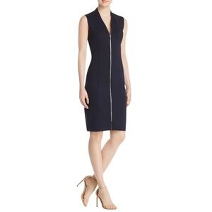 Elie Tahari Black & Gold Verdie Zip-Front Midi V-Neck Suede Slit Dress